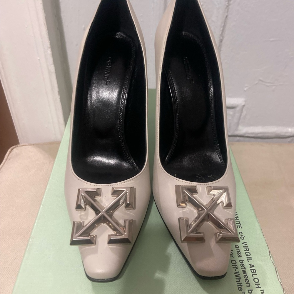 Off-White Women's Light grey Heels with Silver Detail